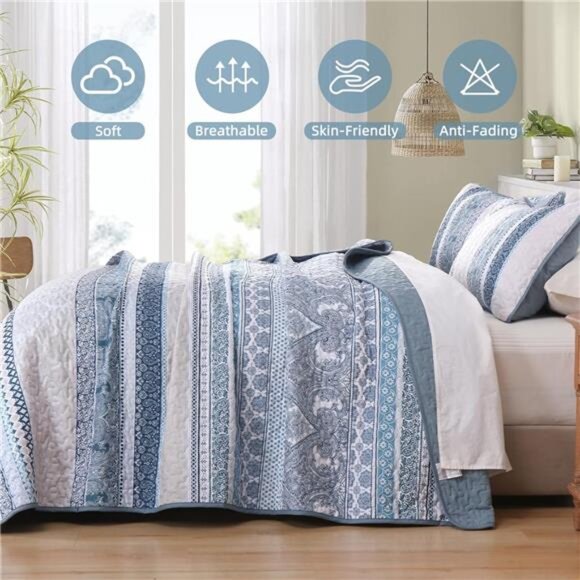 BEDDING Boho Quilt Set Queen Size,Blue Bohemian 3 Pieces Quilt Sets - Picture 11 of 16